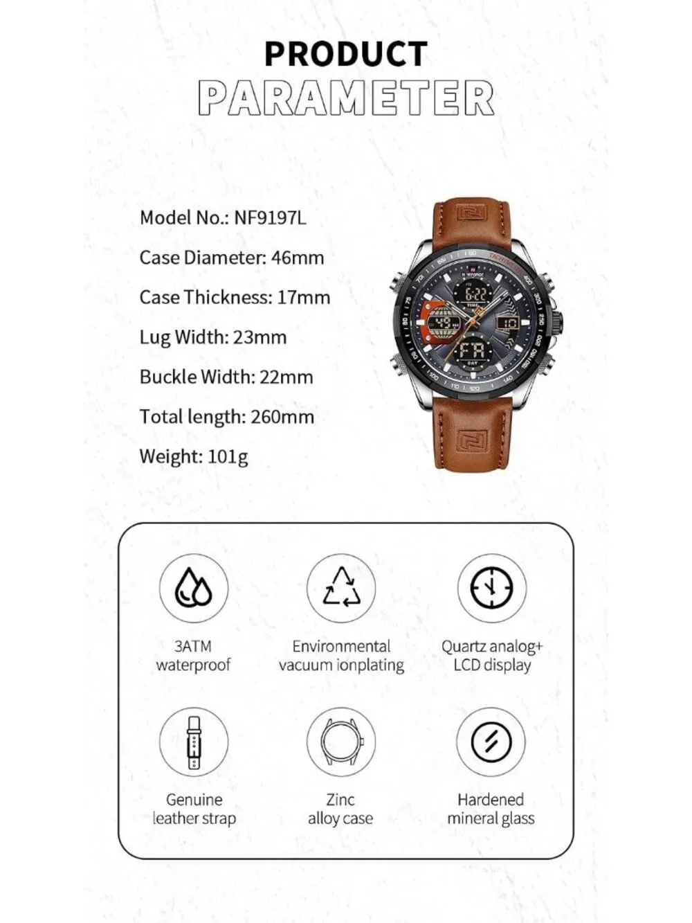 Men's Silver Gray Military Digital Analog Quartz Waterproof Leather Wrist Watch